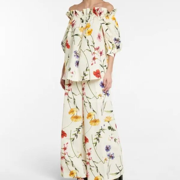 OSCAR DE LA RENTA  Off-Shoulder Floral Stretch-Cotton Blouse - White - Picture 2 of 10